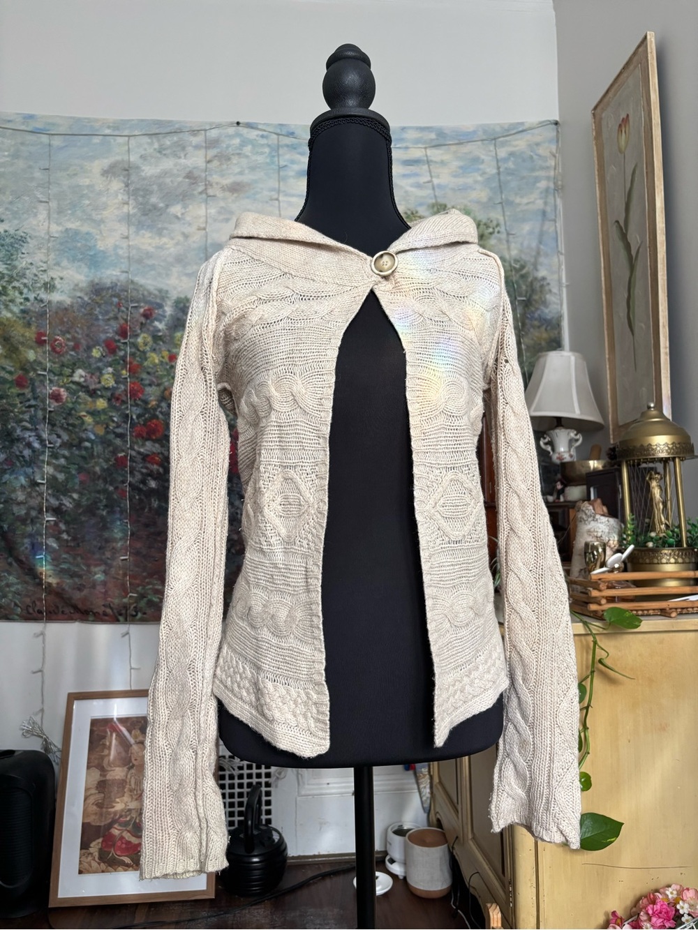 Banana Republic Cream Alpaca Blend Cable Knit Hooded Cardigan